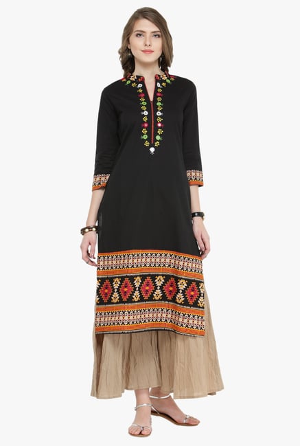 Varanga Black & Beige Embroidered Cotton Kurta With Palazzo Varanga Black & Beige Embroidered Cotton Kurta With Palazzo