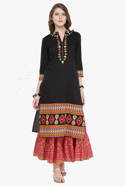 Varanga Black & Fuchsia Embroidered Cotton Kurta With Skirt Varanga Black & Fuchsia Embroidered Cotton Kurta With Skirt