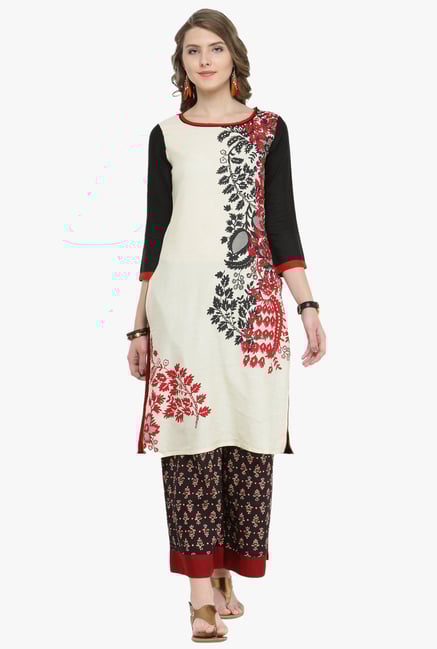Varanga White & Brown Printed Kurta With Palazzo Varanga White & Brown Printed Kurta With Palazzo
