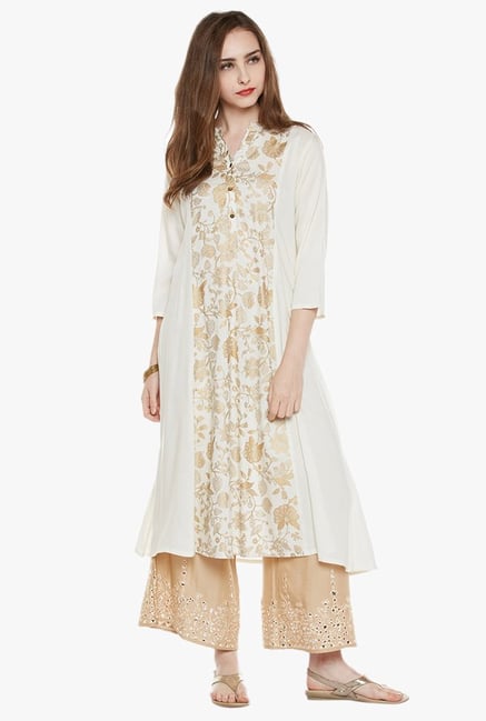 Varanga White & Beige Printed Kurta With Palazzo Varanga White & Beige Printed Kurta With Palazzo