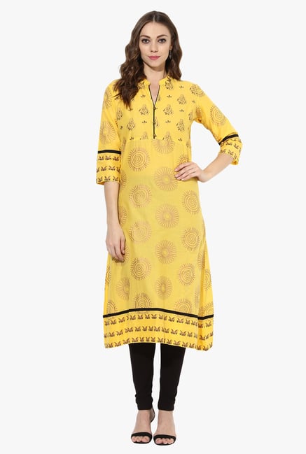 Mytri Yellow Printed Cotton A Line Kurta Mytri Yellow Printed Cotton A Line Kurta