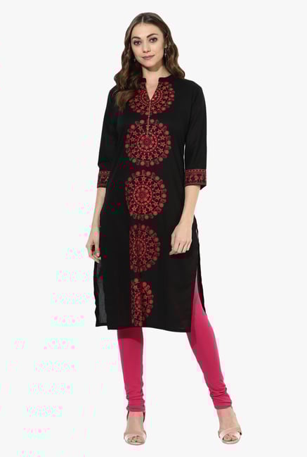 Mytri Black Printed Cotton Straight Kurta Mytri Black Printed Cotton Straight Kurta