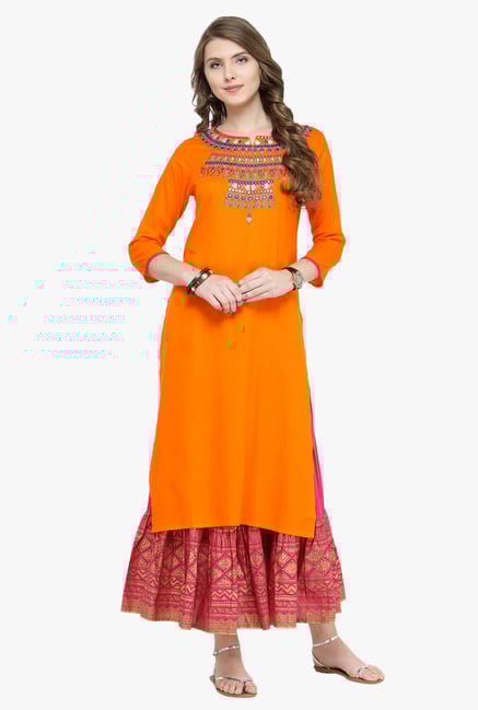 Varanga Orange & Fuchsia Embroidered Cotton Kurta With Skirt Varanga Orange & Fuchsia Embroidered Cotton Kurta With Skirt