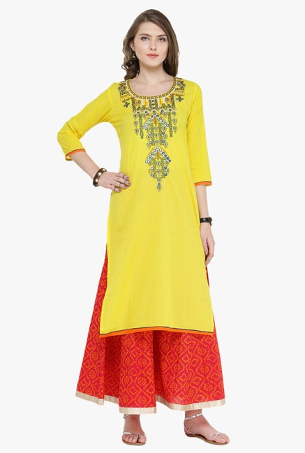 Varanga Yellow & Pink Embroidered Cotton Kurta With Skirt Varanga Yellow & Pink Embroidered Cotton Kurta With Skirt