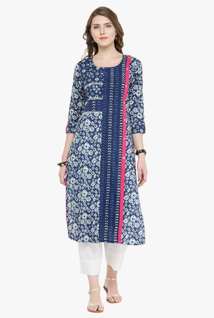 Varanga Indigo & White Printed Cotton Kurta With Pants Varanga Indigo & White Printed Cotton Kurta With Pants