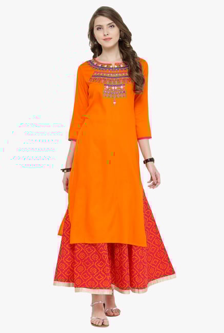 Varanga Orange & Pink Embroidered Cotton Kurta With Skirt Varanga Orange & Pink Embroidered Cotton Kurta With Skirt