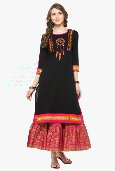 Varanga Black & Fuchsia Embroidered Cotton Kurta With Skirt Varanga Black & Fuchsia Embroidered Cotton Kurta With Skirt