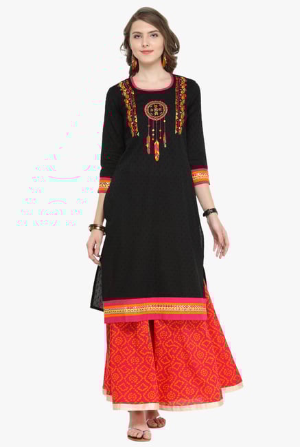 Varanga Black & Pink Embroidered Cotton Kurta With Palazzo Varanga Black & Pink Embroidered Cotton Kurta With Palazzo