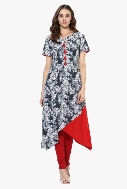 Mytri Grey Printed Cotton High Low Kurta Mytri Grey Printed Cotton High Low Kurta