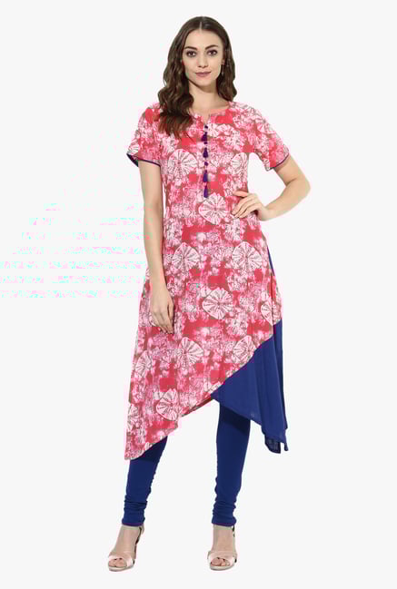 Mytri Pink Printed Cotton High Low Kurta Mytri Pink Printed Cotton High Low Kurta