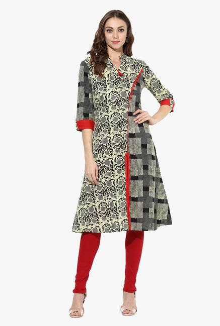 Mytri Beige & Black Printed Cotton A Line Kurta Mytri Beige & Black Printed Cotton A Line Kurta