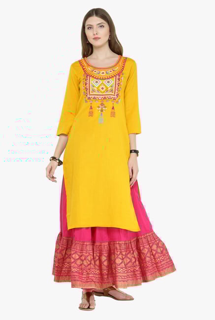 Varanga Yellow & Fuchsia Embroidered Kurta With Skirt Varanga Yellow & Fuchsia Embroidered Kurta With Skirt