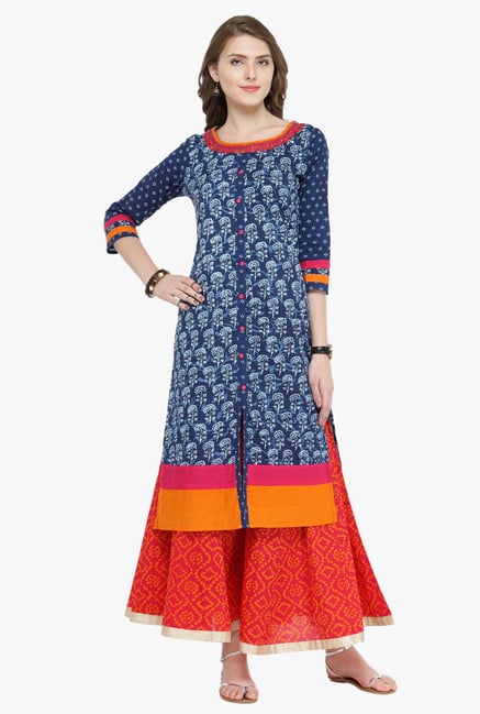 Varanga Indigo & Pink Printed Cotton Kurta With Skirt Varanga Indigo & Pink Printed Cotton Kurta With Skirt
