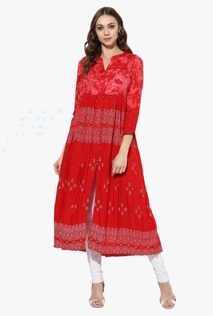 Mytri Red Printed Rayon Anarkali Kurta Mytri Red Printed Rayon Anarkali Kurta