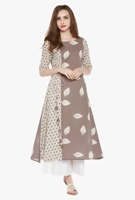 Varanga Beige & White Printed Cotton Kurta With Palazzo Varanga Beige & White Printed Cotton Kurta With Palazzo