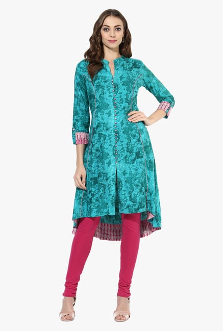 Mytri Turquoise Printed Rayon High Low Kurta Mytri Turquoise Printed Rayon High Low Kurta