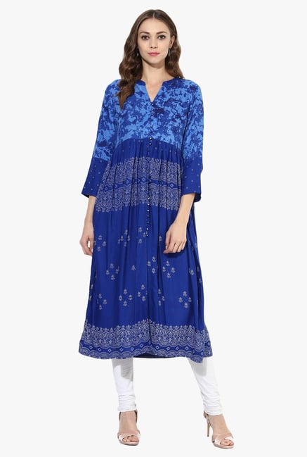 Mytri Blue Printed Rayon Anarkali Kurta Mytri Blue Printed Rayon Anarkali Kurta