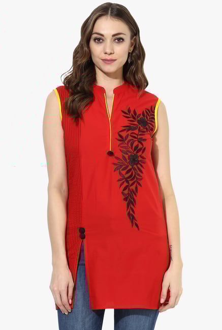 Mytri Red Embroidered Cotton Straight Kurti Mytri Red Embroidered Cotton Straight Kurti