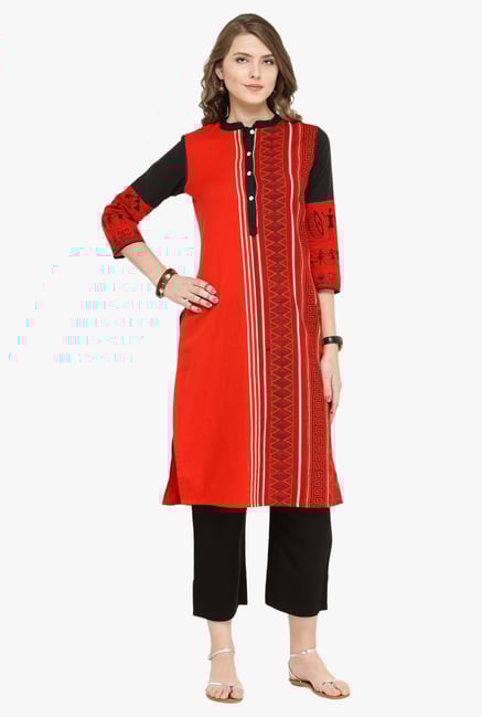 Varanga Red & Black Printed Cotton Kurta With Pants Varanga Red & Black Printed Cotton Kurta With Pants