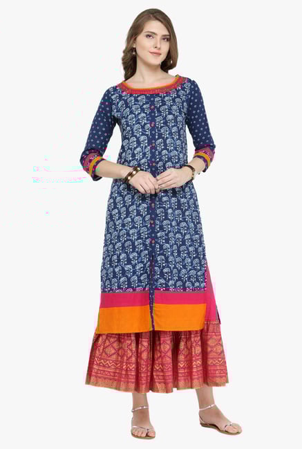 Varanga Indigo & Fuchsia Printed Cotton Kurta With Skirt Varanga Indigo & Fuchsia Printed Cotton Kurta With Skirt
