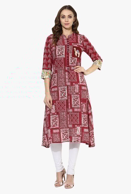 Mytri Maroon Printed Cotton A Line Kurta Mytri Maroon Printed Cotton A Line Kurta