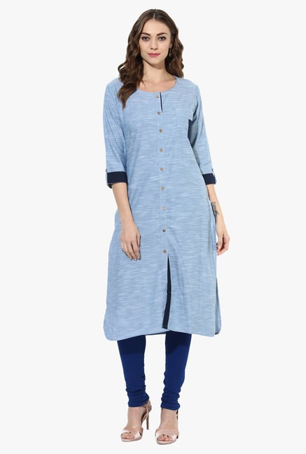 Mytri Light Blue Printed Chambray Straight Kurta Mytri Light Blue Printed Chambray Straight Kurta