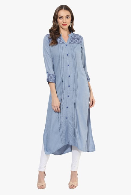 Mytri Light Blue Printed Chambray Straight Kurta Mytri Light Blue Printed Chambray Straight Kurta