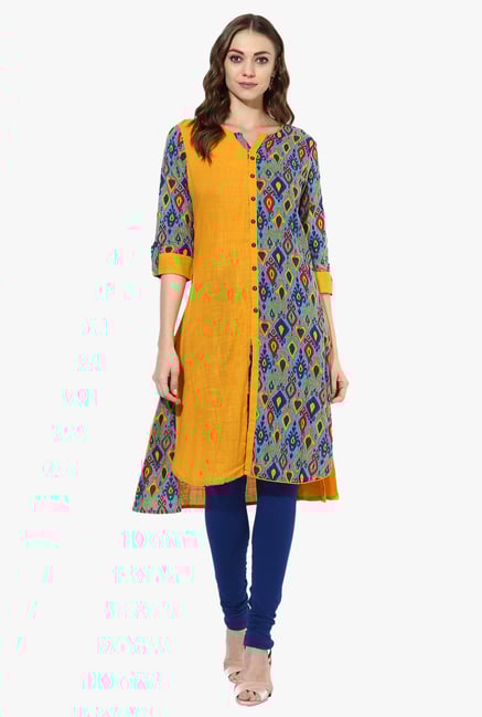 Mytri Mustard Printed Cotton Straight Kurta Mytri Mustard Printed Cotton Straight Kurta