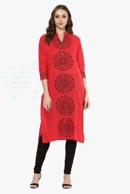Mytri Pink Printed Cotton Straight Kurta Mytri Pink Printed Cotton Straight Kurta