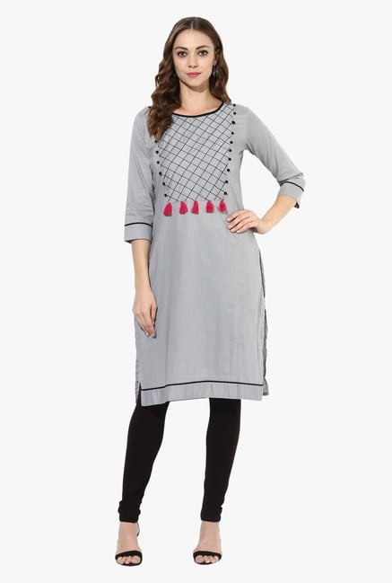 Mytri Grey Embroidered Cotton Straight Kurta Mytri Grey Embroidered Cotton Straight Kurta