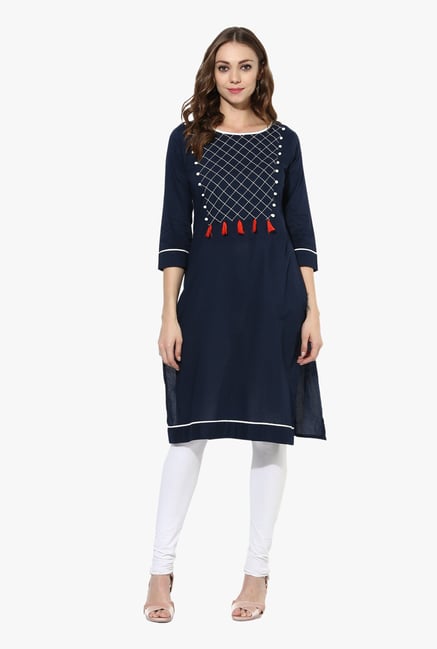 Mytri Navy Embroidered Cotton Straight Kurta Mytri Navy Embroidered Cotton Straight Kurta