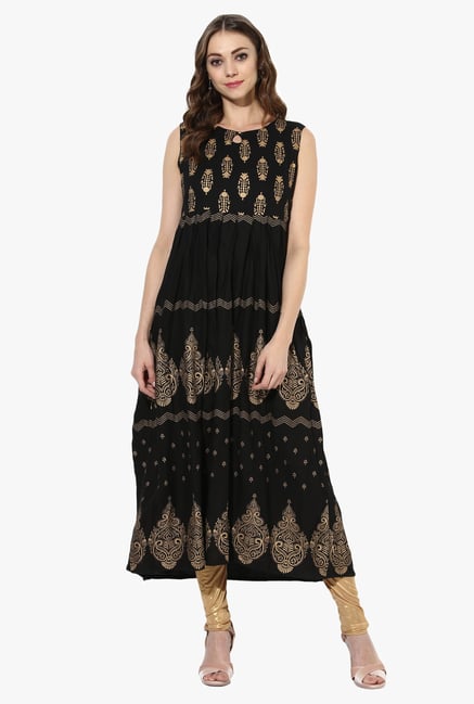 Mytri Black Printed Rayon A Line Kurta Mytri Black Printed Rayon A Line Kurta