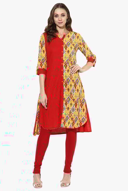 Mytri Red Printed Cotton Straight Kurta Mytri Red Printed Cotton Straight Kurta