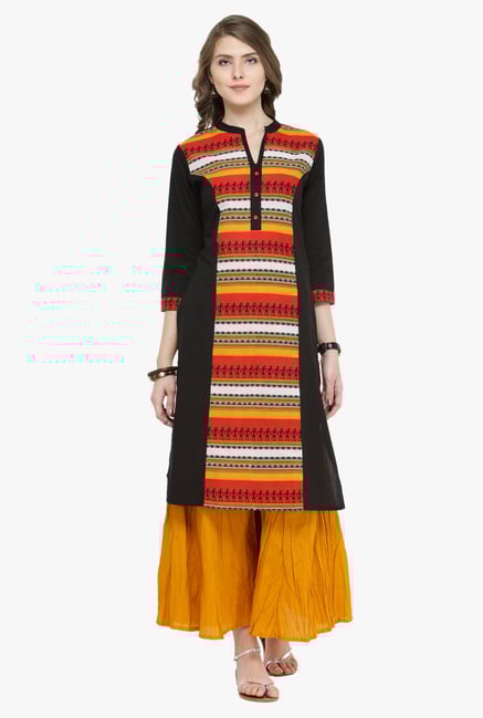 Varanga Black & Mustard Printed Cotton Kurta With Palazzo Varanga Black & Mustard Printed Cotton Kurta With Palazzo