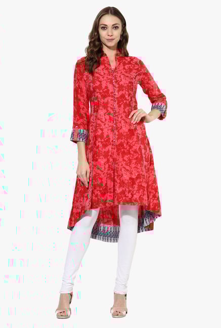 Mytri Pink Printed Rayon High Low Kurta Mytri Pink Printed Rayon High Low Kurta