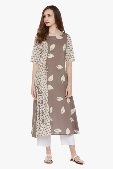 Varanga Beige & White Printed Cotton Kurta With Pants Varanga Beige & White Printed Cotton Kurta With Pants