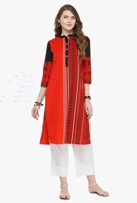 Varanga Red & White Printed Cotton Kurta With Pants Varanga Red & White Printed Cotton Kurta With Pants