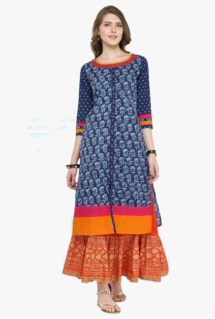 Varanga Indigo & Rust Printed Cotton Kurta With Skirt Varanga Indigo & Rust Printed Cotton Kurta With Skirt