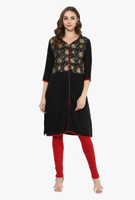 Mytri Black Printed Rayon Straight Kurta Mytri Black Printed Rayon Straight Kurta