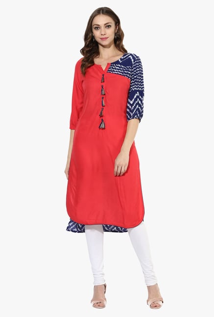 Mytri Pink & Navy Printed Rayon A Line Kurta Mytri Pink & Navy Printed Rayon A Line Kurta