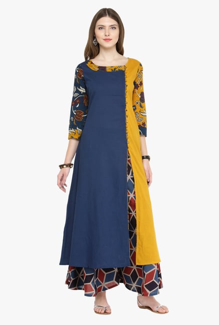 Varanga Navy & Yellow Printed Kurta Varanga Navy & Yellow Printed Kurta
