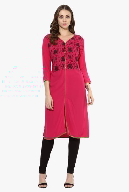 Mytri Pink Printed Rayon Straight Kurta Mytri Pink Printed Rayon Straight Kurta