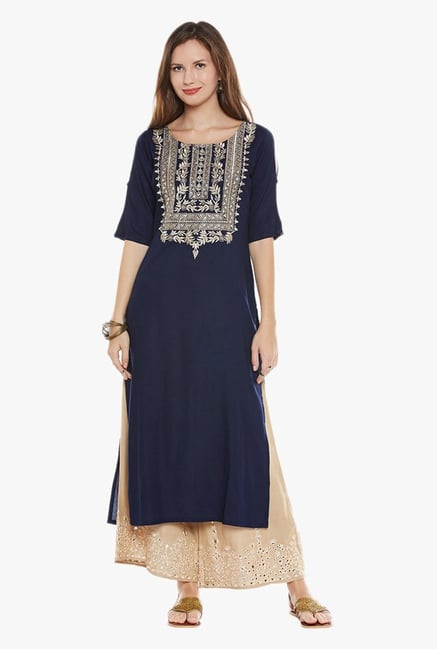 Varanga Navy & Beige Embroidered Kurta With Palazzo Varanga Navy & Beige Embroidered Kurta With Palazzo