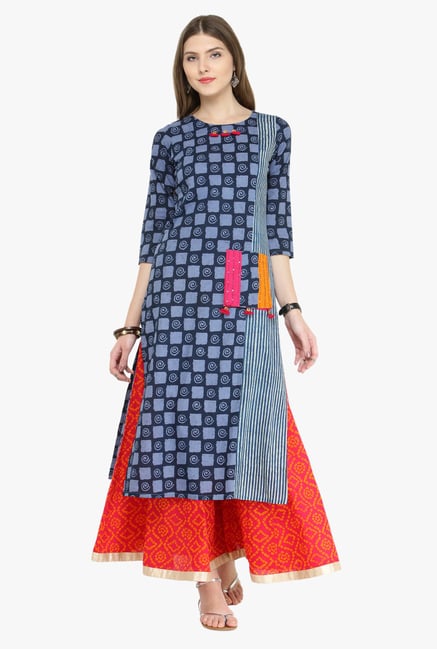Varanga Indigo & Pink Geometric Print Kurta With Palazzo Varanga Indigo & Pink Geometric Print Kurta With Palazzo