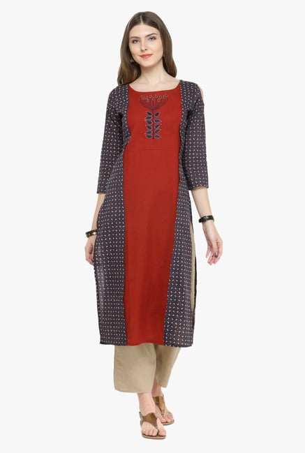 Varanga Maroon & Beige Embroidered Cotton Kurta With Pants Varanga Maroon & Beige Embroidered Cotton Kurta With Pants