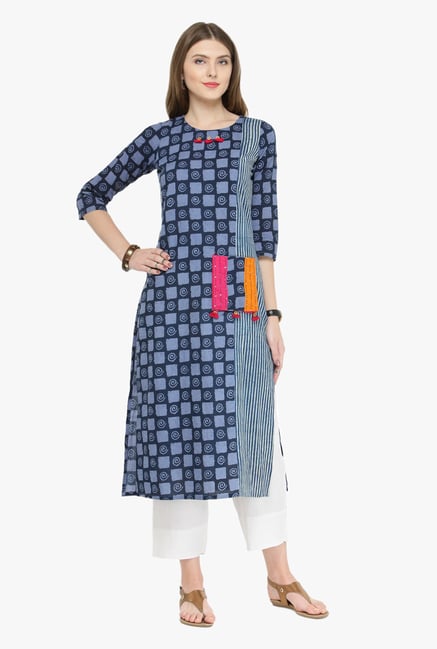Varanga Indigo & White Geometric Print Kurta With Pants Varanga Indigo & White Geometric Print Kurta With Pants