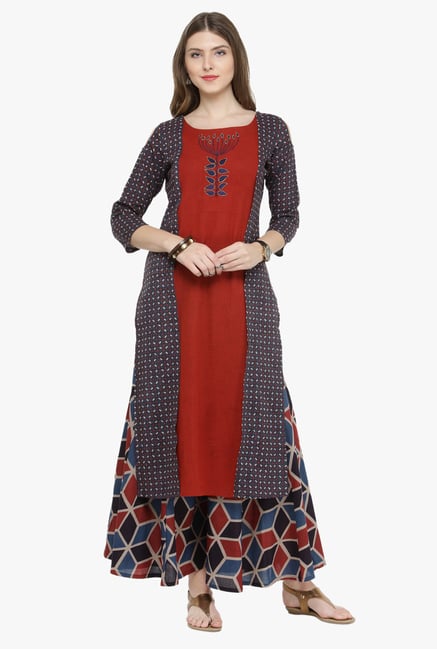 Varanga Multicolor Embroidered Cotton Kurta With Palazzo Varanga Multicolor Embroidered Cotton Kurta With Palazzo