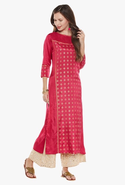 Varanga Pink & Beige Printed Kurta With Palazzo Varanga Pink & Beige Printed Kurta With Palazzo