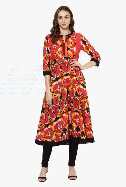 Mytri Pink & Black Printed Cotton Anarkali Kurta Mytri Pink & Black Printed Cotton Anarkali Kurta