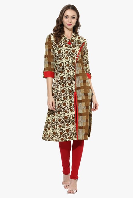 Mytri Brown Printed Cotton A Line Kurta Mytri Brown Printed Cotton A Line Kurta
